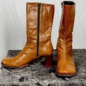 Retro 7.5 caramel Bernie Mev boots. Comfy soft leather. 2” heels, 12” height.